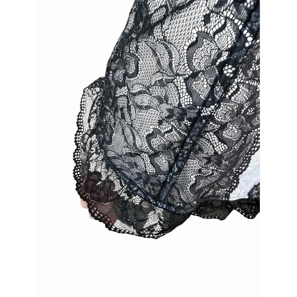 Fredericks of Hollywood Bustier Corset L Black White Lace Sheer Boned Top